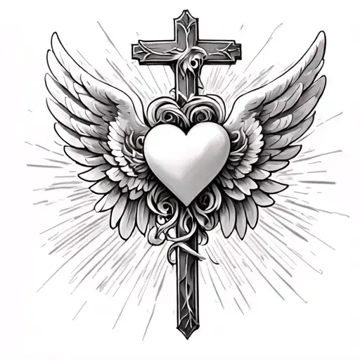 cross with heart in the middle and angel wings  tattoo design idea