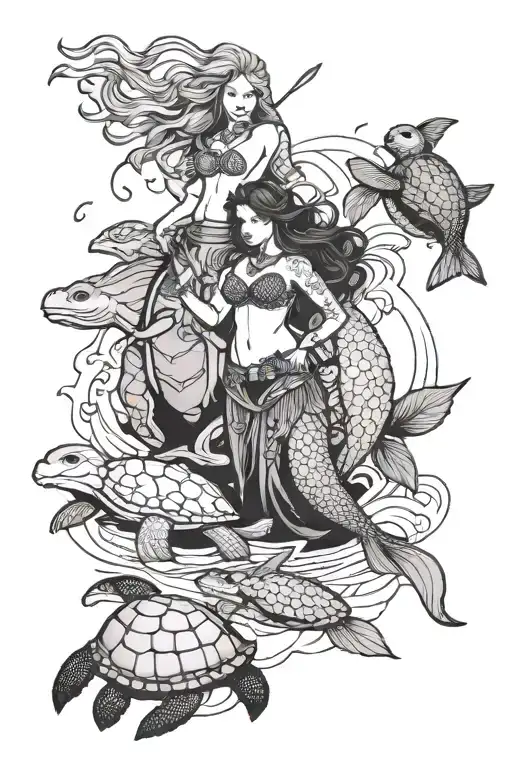 mermaid and turtle and bear warriors standing together tattoo design idea
