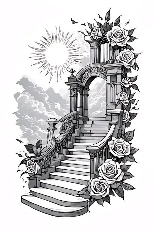 a bunch of roses on the forearm area, a sun on the elbow, and on the upper arm/shoulder a staircase to heaven with gates tattoo design idea