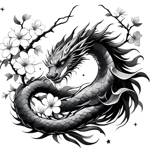 long Japanese dragon intertwined with cherry blossom flowers and stars tattoo design idea