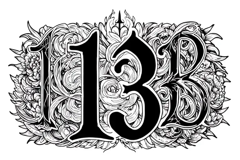 number 13, 1 in gothic font and simple phonix in the shape of 3, both number should be proportional,  tattoo design idea