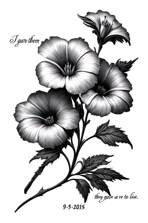 One aster flower, one morning glory, the quote "I gave them life, they gave me a reason to live" and the dates 9-5-2015, tattoo design idea