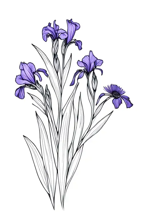 Bouquet of iris, purple, lark and aster flowers tattoo design idea