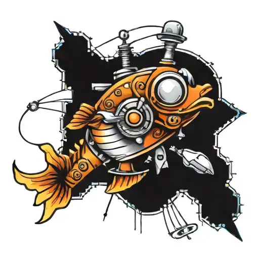 It is a shoulder and triceps tattoo. There is a robotic fish with engine part, bolts... Its just a robot. There are chai tattoo design idea