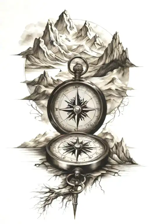 compass cartography map mountains reflected tattoo design idea