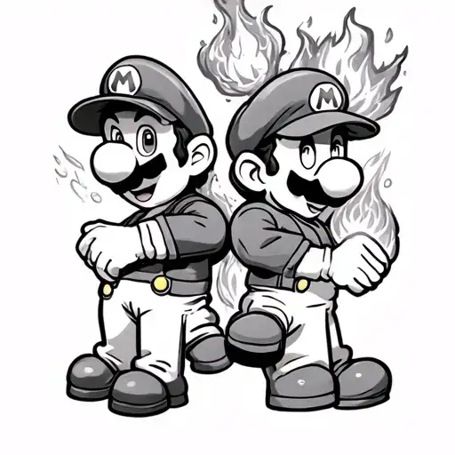 mario back to back with luigi with holding fireball  tattoo design idea