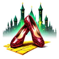 two sparkling ruby ballet slippers with yellow brick road and emerald city in background tattoo design idea