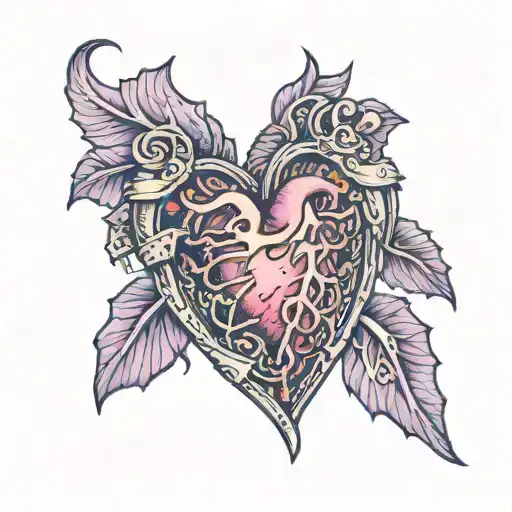 from the back cut-off layer of skin from which bloody ribs and spine are visible and a mechanical heart glowing purple  tattoo design idea