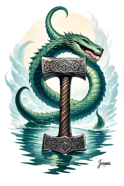 jormungandr swimming trying to eat mjolnir hammer tattoo design idea