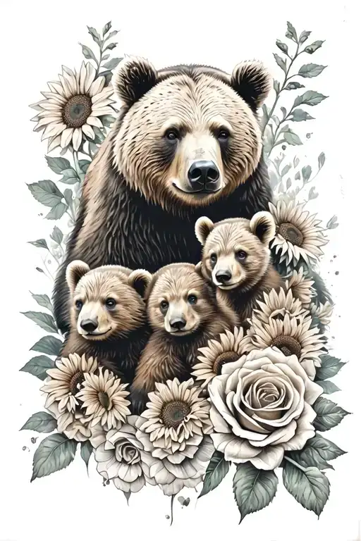 momma bear with 3 cubs surrounded by roses and sunflowers  tattoo design idea