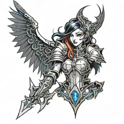 Neo-gothic and neo-tribal style, dark fantasy theme, knight woman tattoo design idea