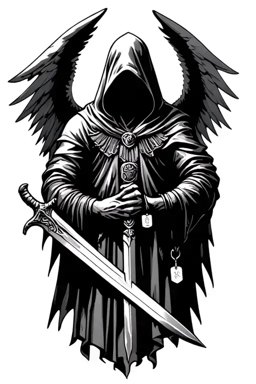 create a tattoo of archangel Michael. Holding a sword in one hand and dog tags in the other. wear hood. no face tattoo design idea