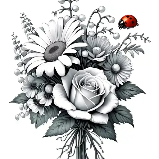 Flower bouquet with a daisy, lily of the valley, a rose, larkspur and a marigold with a ladybug on top tattoo design idea