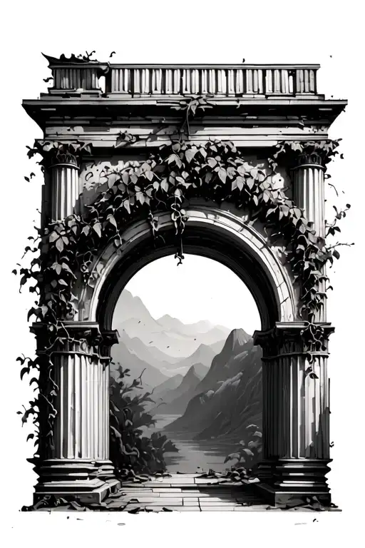 The arch in the ancient Greek style (abandoned and a little falls off) The arch wraps the vine against the backdrop of the arch in the style of cybers tattoo design idea