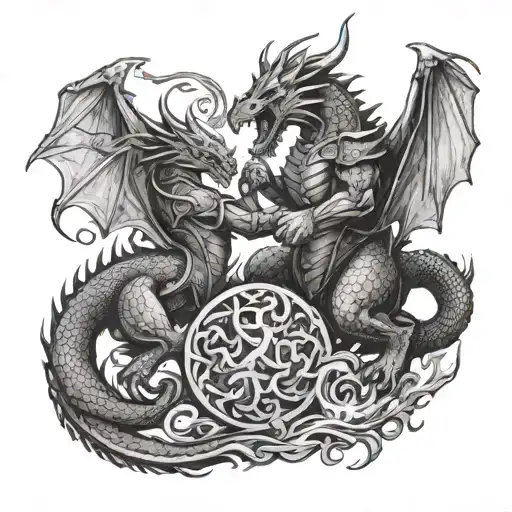 norse gaelic warriors fighting a dragon breathing fire tattoo design idea