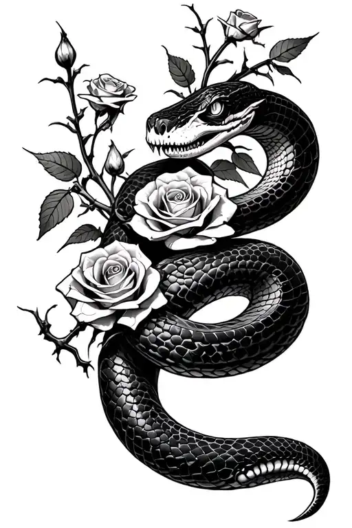 Snake shedding skin halfway through body revealing its skeleton with roses and thorns growing from inside its skeleton tattoo design idea