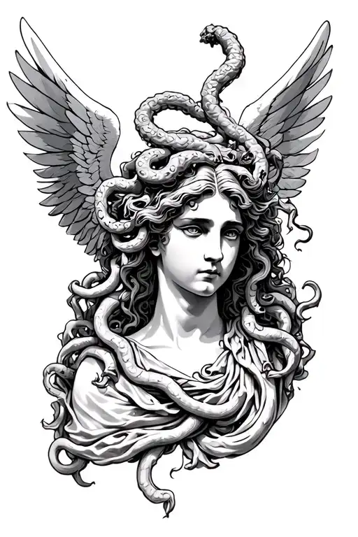 Greek fallen angel with Medusa head tattoo design idea