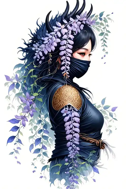 wisteria flowers cascading down side profile female ninja warrior and dragon tattoo design idea