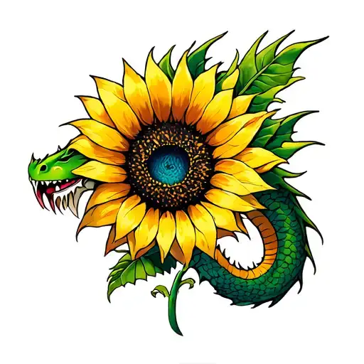 realistic dragon sunflower tattoo design idea
