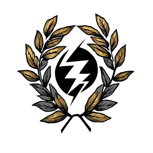 Lightning laurel wreath but instead of leafs use Lightning, minimalistic design, black and gold line work for a head tat tattoo design idea