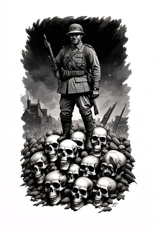 ww2 German soldier stood on pile of skulls tattoo design idea