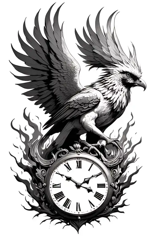 phoenix rising from the ashes with a clock face tattoo design idea