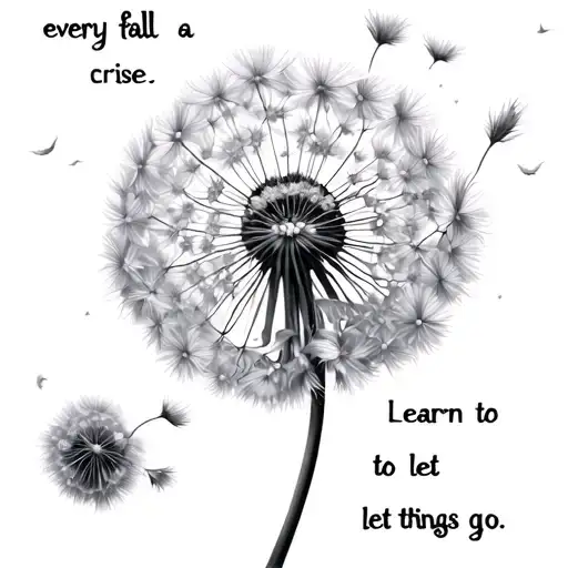 Dandelion with parts of it flying away and the quotes “every fall is a chance to rise” and “learn to let things go”.fine tattoo design idea