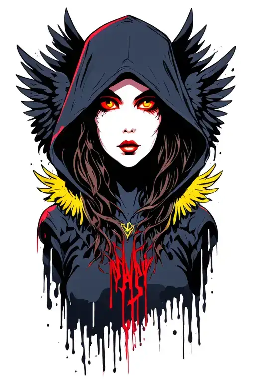 Women in dark hood and right eye red and left eye yellow no face visible two wings on left and two wings on right metal tattoo design idea
