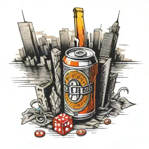 a can of beer stands in a skyscraper with a dice tattoo design idea