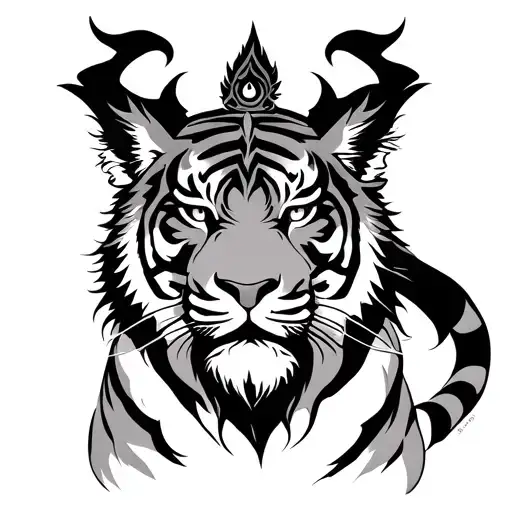 Lord Kaal Bhairav’s half-body form radiates fierce authority, with a broad, muscular chest draped in a tiger-skin garmen tattoo design idea