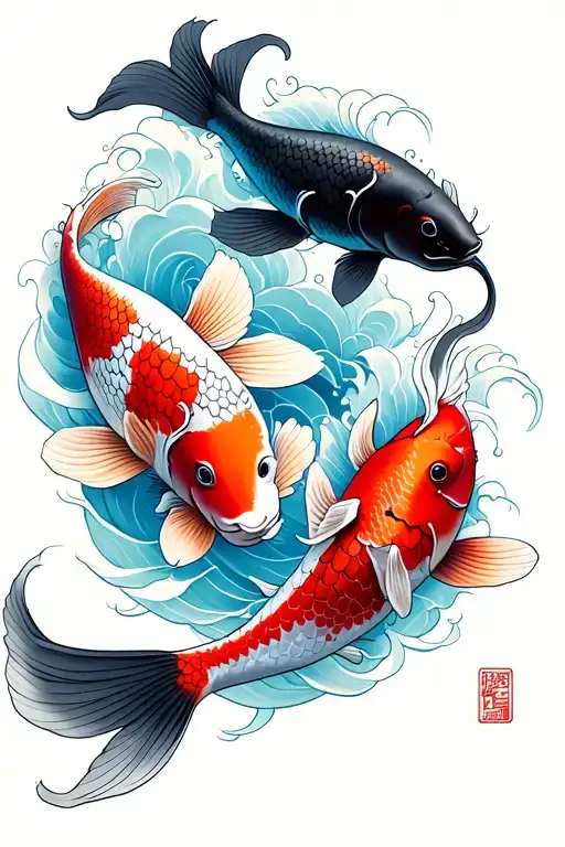 3 koi fish, one black, one blue, and one red one, in Japanese style waves tattoo design idea