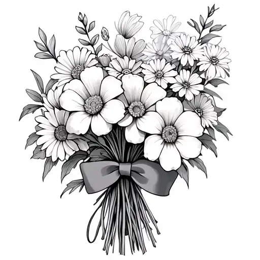 Carnation, Sweet pea, Daisy, waterlily, larkspur, gladiolus, morning glory, aster flowers in a bouquet with a bow tattoo design idea