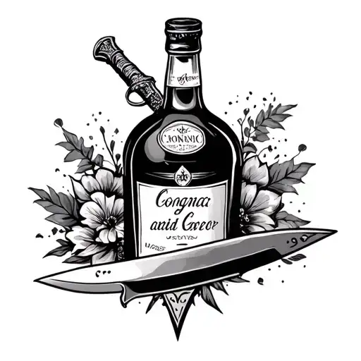 a dagger and a bottle of cognac in one tattoo with a meaning for a painful parting with a beloved person tattoo design idea