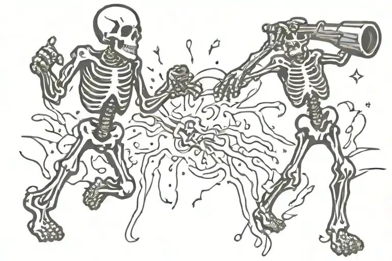 melting skeletons dancing around explosion grenade tattoo design idea