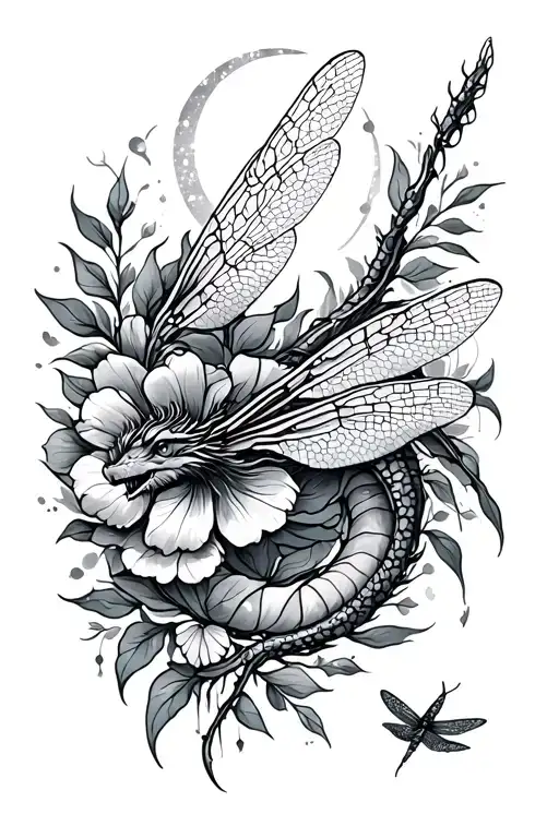 a celestial nature inspired tattoo with no flowers and a dragon fly.  tattoo design idea