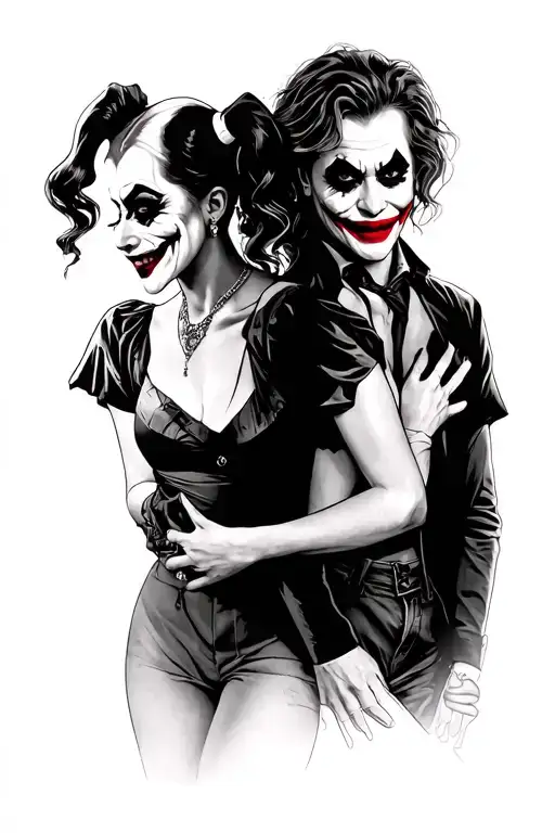Joker (Heath Ledger) and Harley Quinn (Margot Robbie) together as a sleeve project, black and white. Harley laughs at the front. tattoo design idea