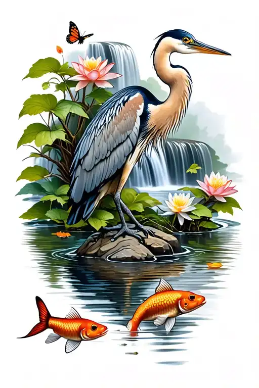 blue heron standing on a rock in the water. water fall backdrop. koi fish, water lillies, brown tree frogs, butterflies. tattoo design idea