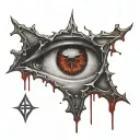 Upside down cross, bloody. satanic pentagram. blood splatter. realistic human eye Inside of the Pentagram crying blood. tattoo design idea