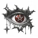 Upside down cross, bloody. satanic pentagram. blood splatter. realistic human eye Inside of the Pentagram crying blood. tattoo design idea