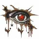 Upside down cross, bloody. satanic pentagram. blood splatter. realistic human eye Inside of the Pentagram crying blood. tattoo design idea