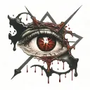 Upside down cross, bloody. satanic pentagram. blood splatter. realistic human eye Inside of the Pentagram crying blood. tattoo design idea