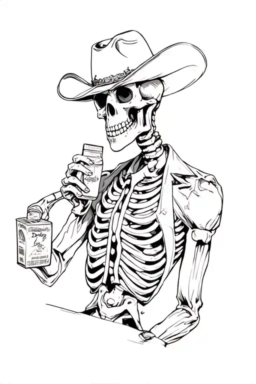 small cowboy skeleton drinking a juice box  tattoo design idea