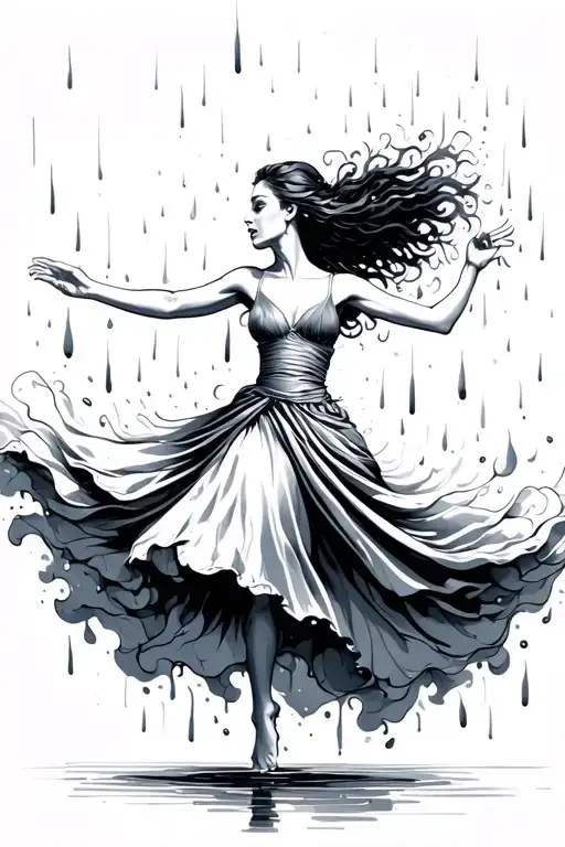 a fine line style tatto of a woman dancing in rain tattoo design idea