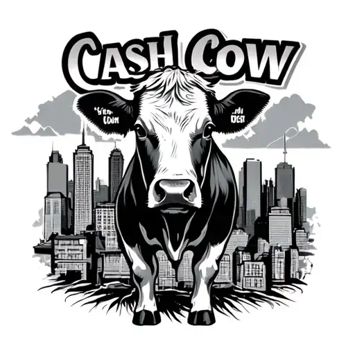 Cash Cow text with Toronto skyline in background tattoo design idea