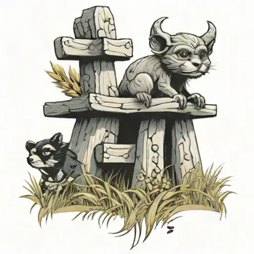 inukshuk in a wheat field with a monkey, bull, and chipmunk around it tattoo design idea