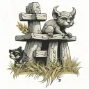 inukshuk in a wheat field with a monkey, bull, and chipmunk around it tattoo design idea