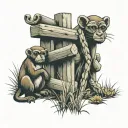 inukshuk in a wheat field with a monkey, bull, and chipmunk around it tattoo design idea