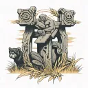 inukshuk in a wheat field with a monkey, bull, and chipmunk around it tattoo design idea