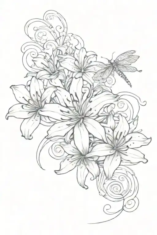 tiger lily whimsical with water wave and dragonfly back tattoo tattoo design idea