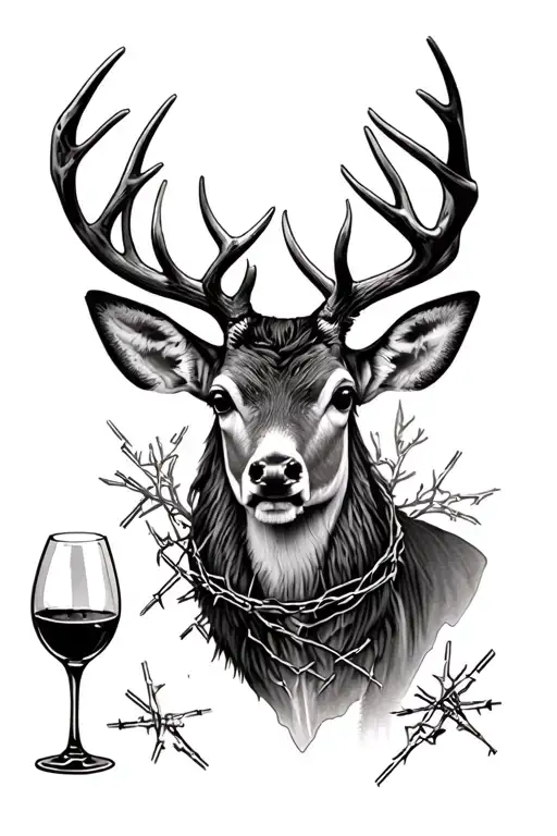 deer with barbed wire and broken wine glasses tattoo design idea
